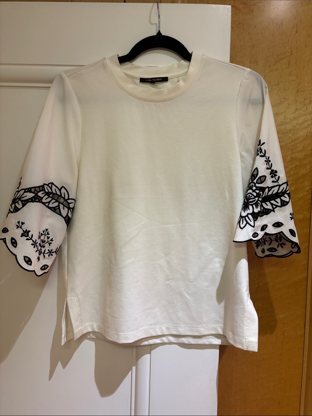 Kobi Halperin Cream Top with Black Embroidered Bell Sleeves